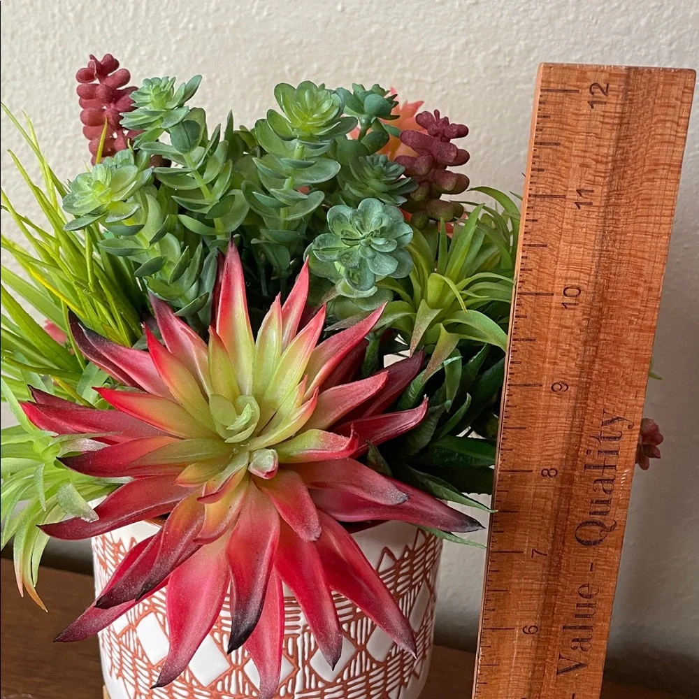 Contemporary Faux Succulent Mix in a Burnt Orange and White Ceramic Footed Vase